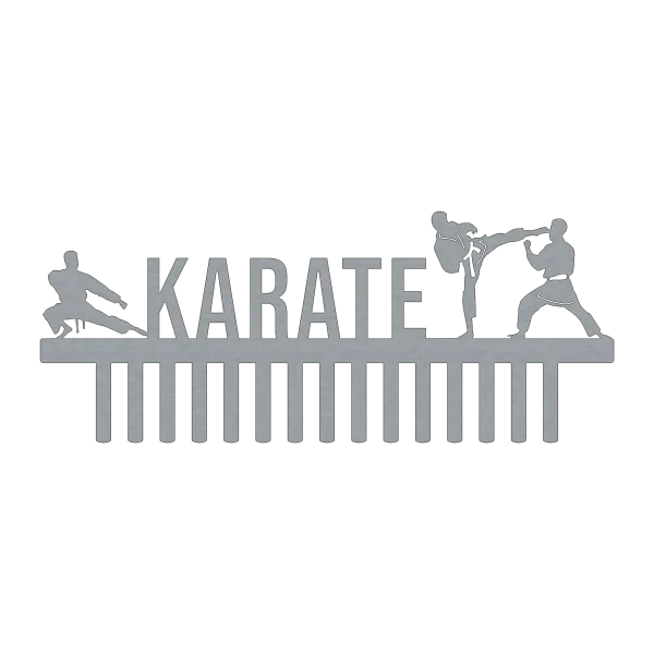 A laser-cut steel wall hanger featuring the word 'KARATE' with three karate figures in action. One figure is performing a high kick, another is in a low stance, and the third is in a defensive position. Below the word is a set of vertical bars for hanging items, set against a black background.